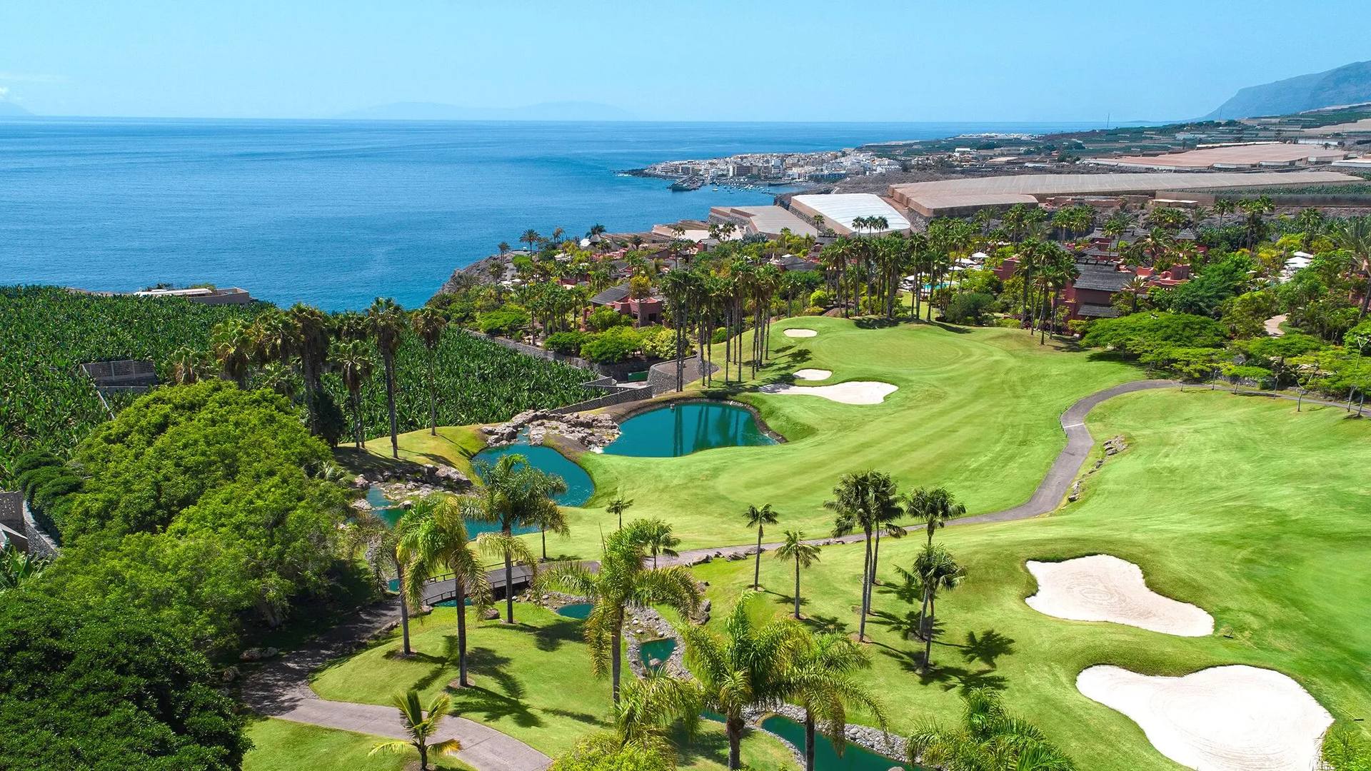 Vista aerea di un campo da golf sul mare tra le palme a Tenerife